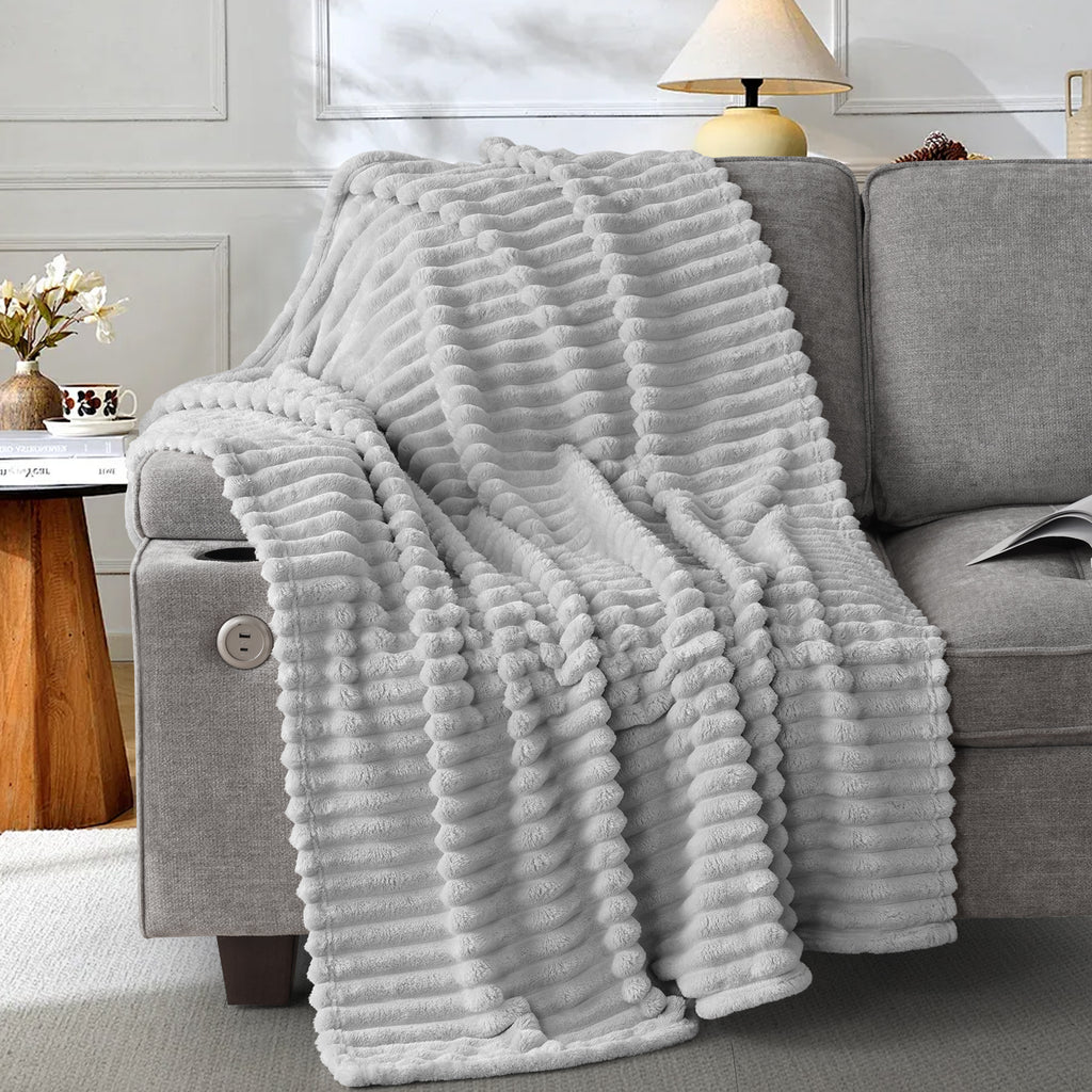 EMONIA White Fleece Throw Blanket for Couch, 320GSM Super Soft Cozy Blankets and Throws, Decorative Fleece Blankets for Women Men Gifts, Throws with Stripes for Sofa Bed Decor
