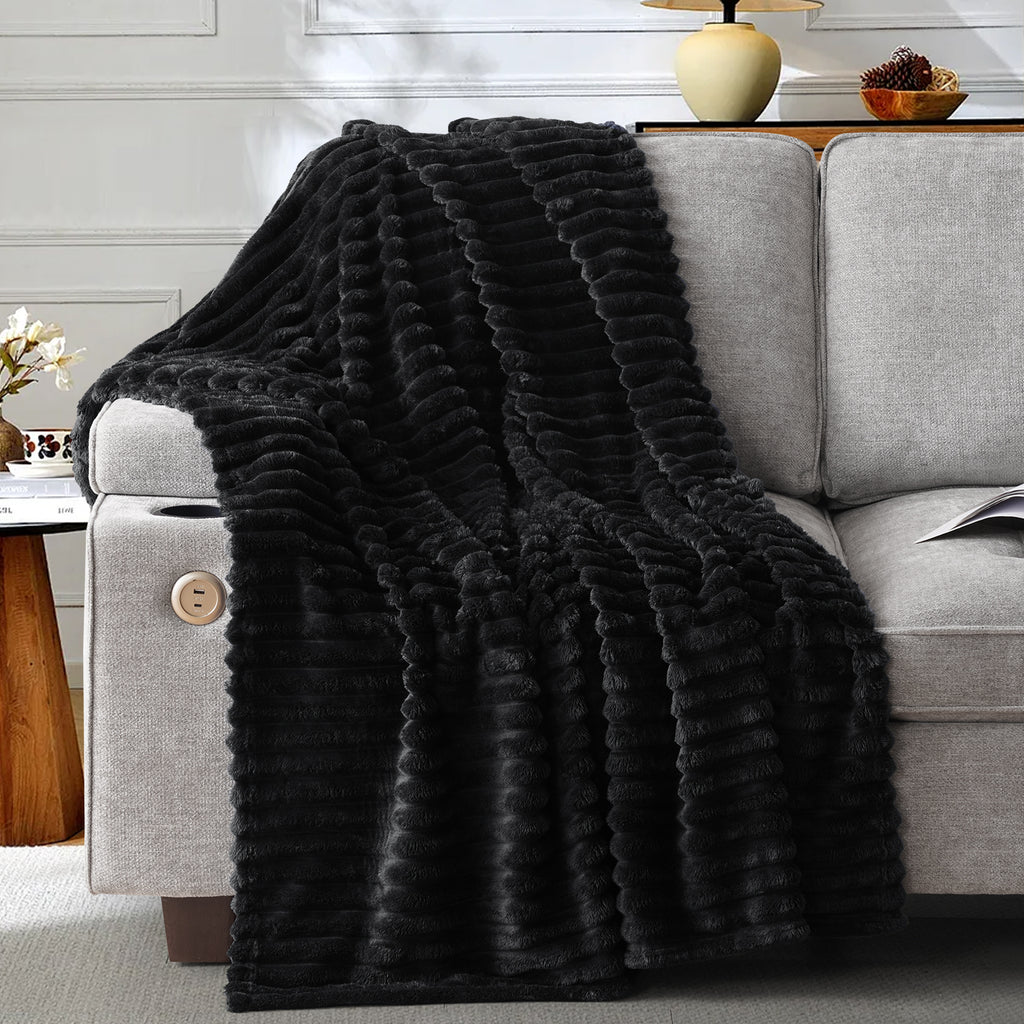 EMONIA White Fleece Throw Blanket for Couch, 320GSM Super Soft Cozy Blankets and Throws, Decorative Fleece Blankets for Women Men Gifts, Throws with Stripes for Sofa Bed Decor
