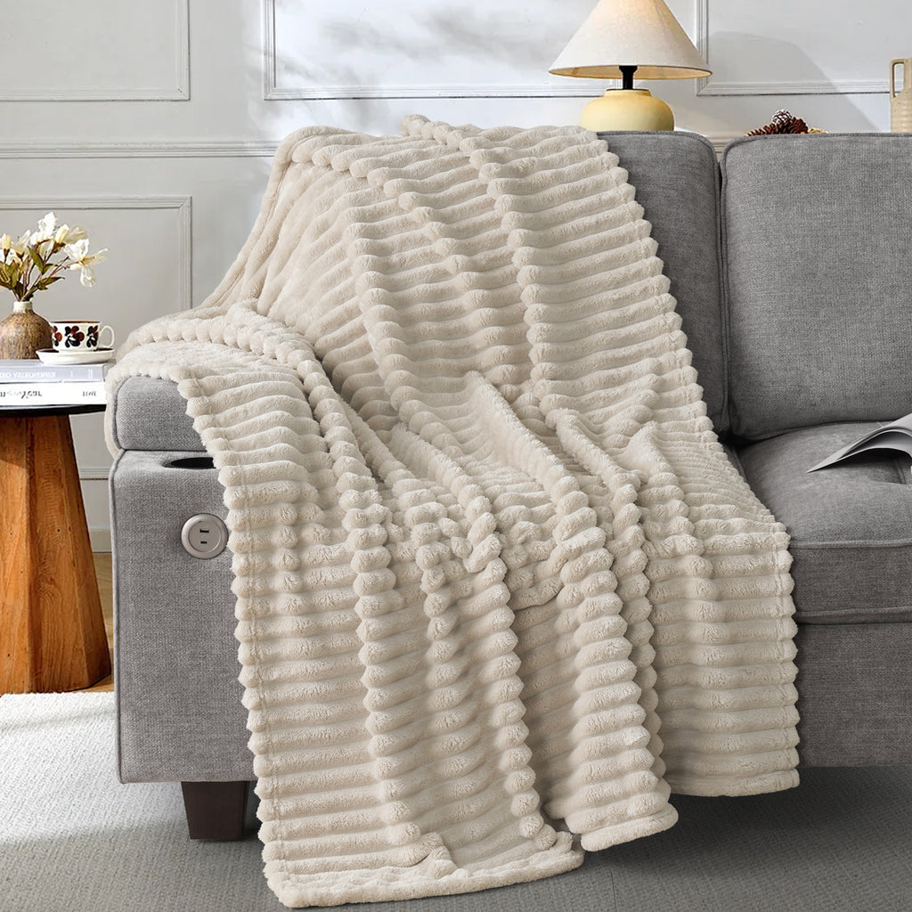EMONIA White Fleece Throw Blanket for Couch, 320GSM Super Soft Cozy Blankets and Throws, Decorative Fleece Blankets for Women Men Gifts, Throws with Stripes for Sofa Bed Decor