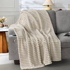 EMONIA White Fleece Throw Blanket for Couch, 320GSM Super Soft Cozy Blankets and Throws, Decorative Fleece Blankets for Women Men Gifts, Throws with Stripes for Sofa Bed Decor
