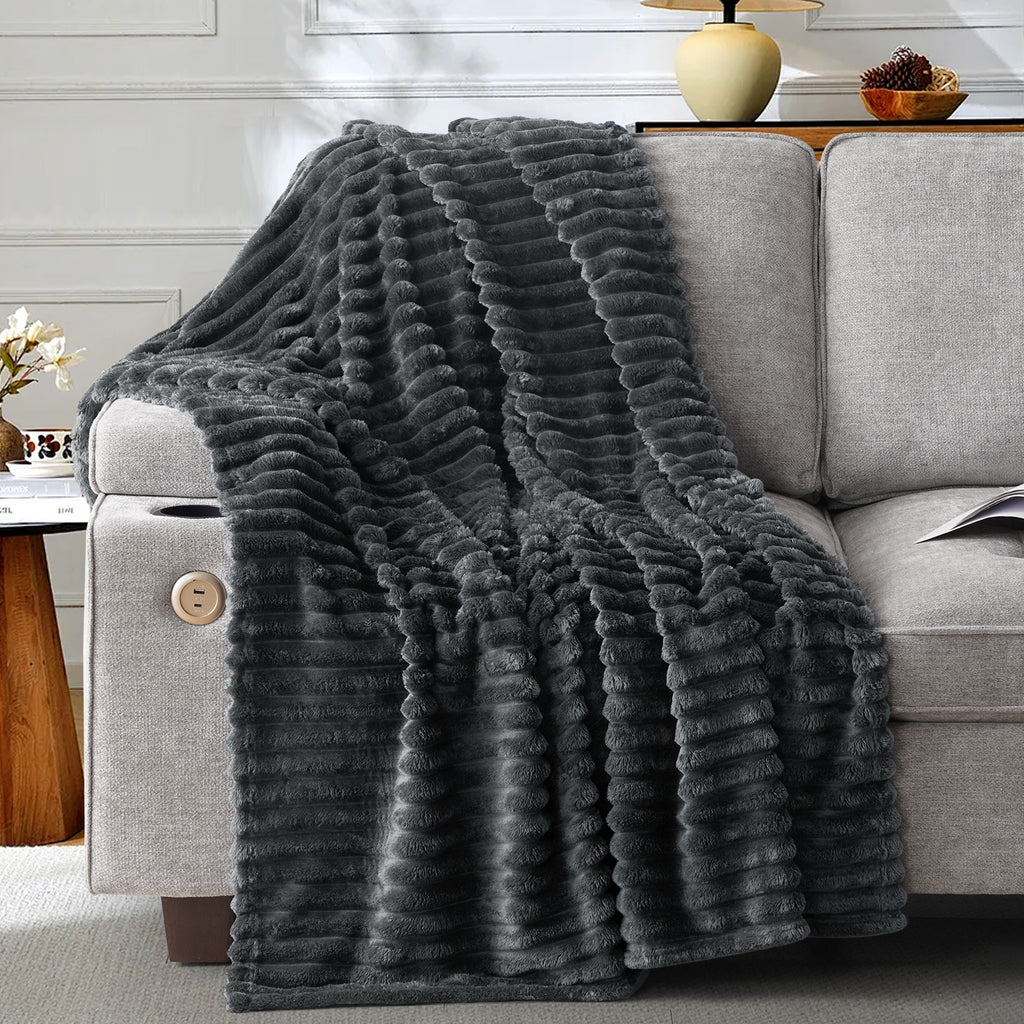 EMONIA White Fleece Throw Blanket for Couch, 320GSM Super Soft Cozy Blankets and Throws, Decorative Fleece Blankets for Women Men Gifts, Throws with Stripes for Sofa Bed Decor