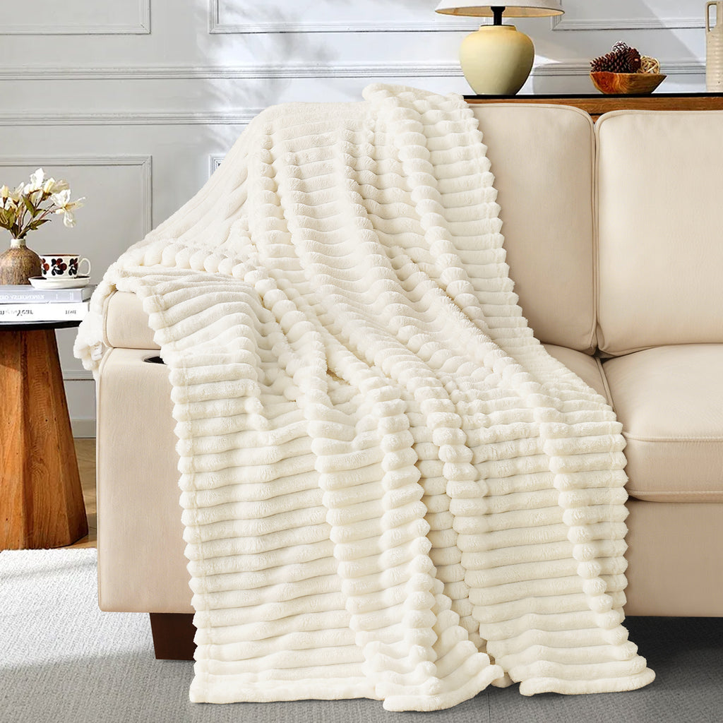EMONIA White Fleece Throw Blanket for Couch, 320GSM Super Soft Cozy Blankets and Throws, Decorative Fleece Blankets for Women Men Gifts, Throws with Stripes for Sofa Bed Decor