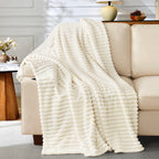 EMONIA White Fleece Throw Blanket for Couch, 320GSM Super Soft Cozy Blankets and Throws, Decorative Fleece Blankets for Women Men Gifts, Throws with Stripes for Sofa Bed Decor