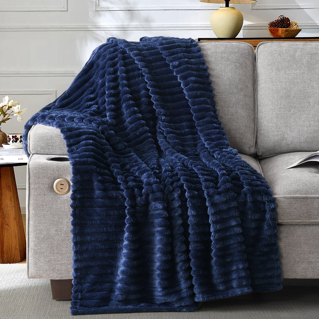 EMONIA White Fleece Throw Blanket for Couch, 320GSM Super Soft Cozy Blankets and Throws, Decorative Fleece Blankets for Women Men Gifts, Throws with Stripes for Sofa Bed Decor