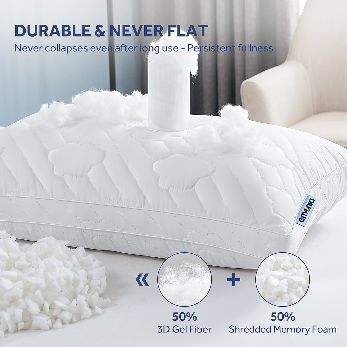 EMONIA Bed Pillows 2 Pack, Luxury Hotel Soft Pillows with Down Alternative Fiber & Shredded Memory Foam, Gusseted Design for Back/Stomach/Side Sleepers