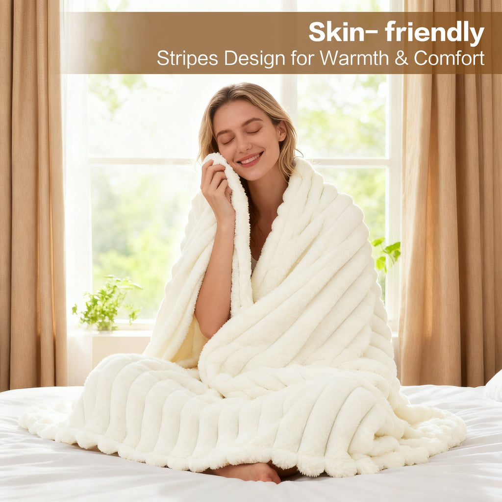 EMONIA White Fleece Throw Blanket for Couch, 320GSM Super Soft Cozy Blankets and Throws, Decorative Fleece Blankets for Women Men Gifts, Throws with Stripes for Sofa Bed Decor