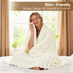 EMONIA White Fleece Throw Blanket for Couch, 320GSM Super Soft Cozy Blankets and Throws, Decorative Fleece Blankets for Women Men Gifts, Throws with Stripes for Sofa Bed Decor