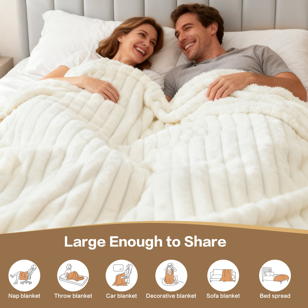 EMONIA White Fleece Throw Blanket for Couch, 320GSM Super Soft Cozy Blankets and Throws, Decorative Fleece Blankets for Women Men Gifts, Throws with Stripes for Sofa Bed Decor