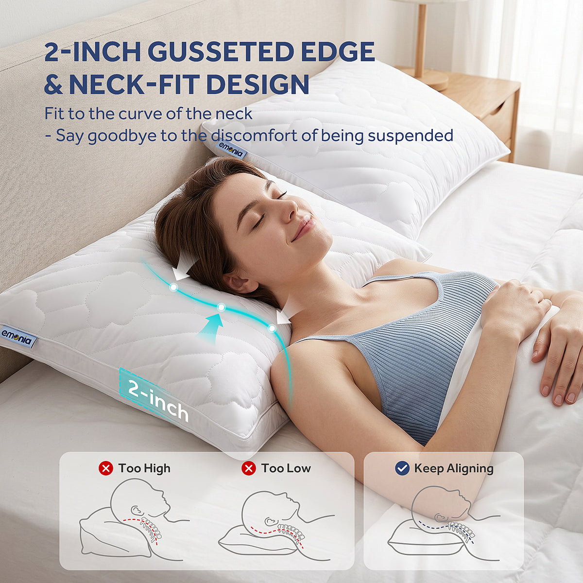 EMONIA Bed Pillows 2 Pack, Luxury Hotel Soft Pillows with Down Alternative Fiber & Shredded Memory Foam, Gusseted Design for Back/Stomach/Side Sleepers