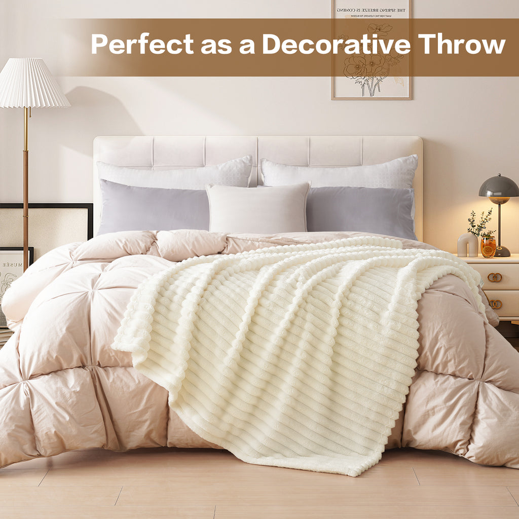 EMONIA White Fleece Throw Blanket for Couch, 320GSM Super Soft Cozy Blankets and Throws, Decorative Fleece Blankets for Women Men Gifts, Throws with Stripes for Sofa Bed Decor