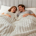 EMONIA White Fleece Throw Blanket for Couch, 320GSM Super Soft Cozy Blankets and Throws, Decorative Fleece Blankets for Women Men Gifts, Throws with Stripes for Sofa Bed Decor