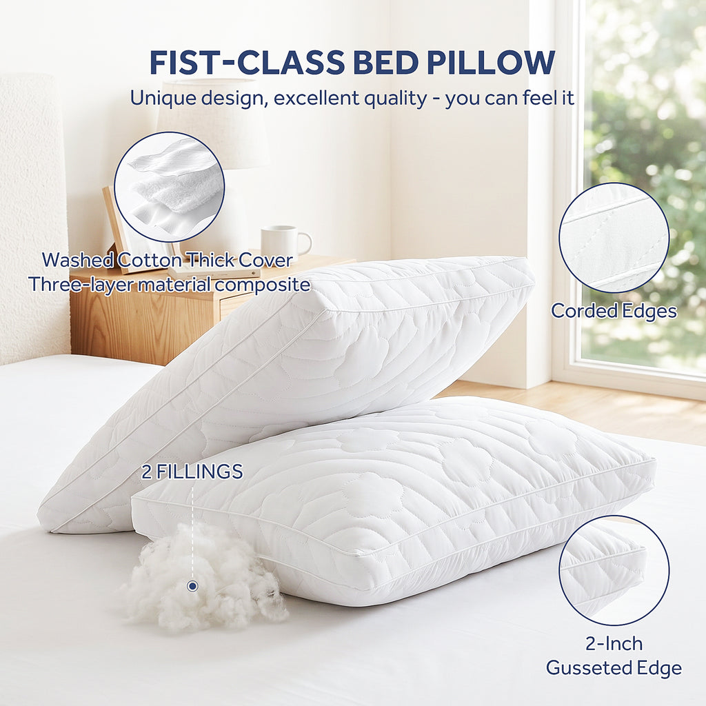 EMONIA Bed Pillows 2 Pack, Luxury Hotel Soft Pillows with Down Alternative Fiber & Shredded Memory Foam, Gusseted Design for Back/Stomach/Side Sleepers
