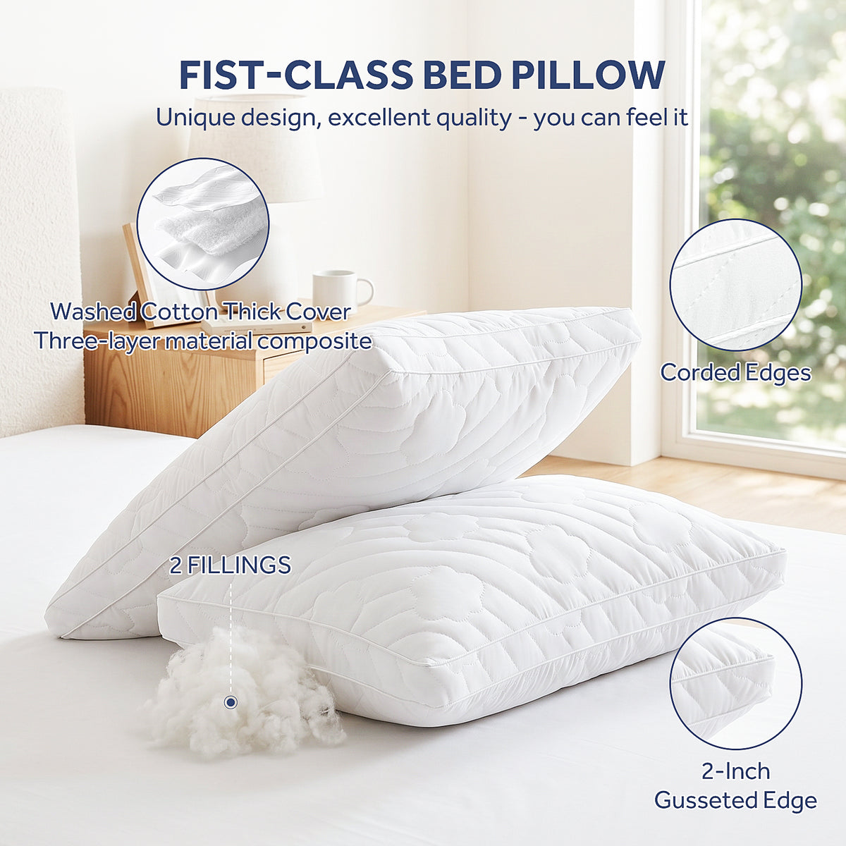 EMONIA Bed Pillows 2 Pack, Luxury Hotel Soft Pillows with Down Alternative Fiber & Shredded Memory Foam, Gusseted Design for Back/Stomach/Side Sleepers
