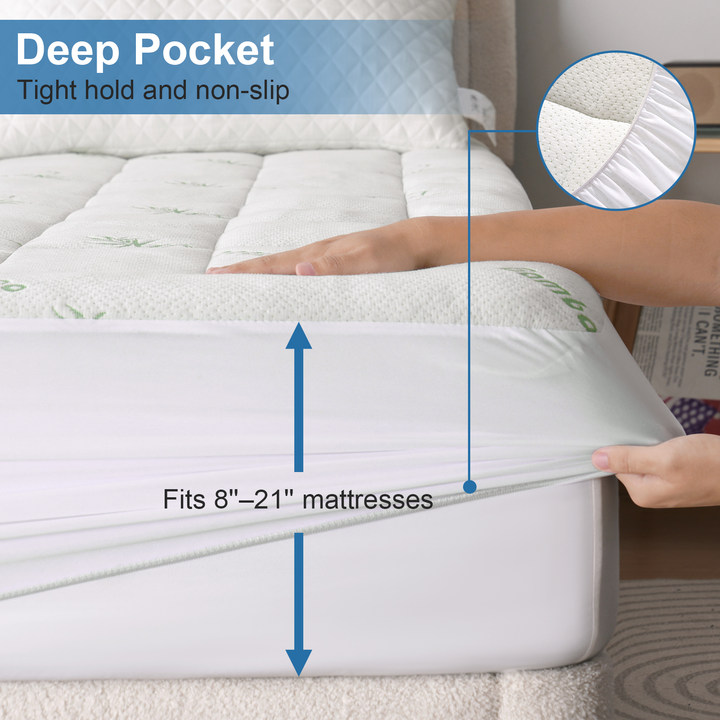 EMONIA Mattress Pad Pillow Top Mattress Cover Breathable Soft Viscose Made from Bamboo Mattress Protector Deep Pocket Fits 8-21 Inches