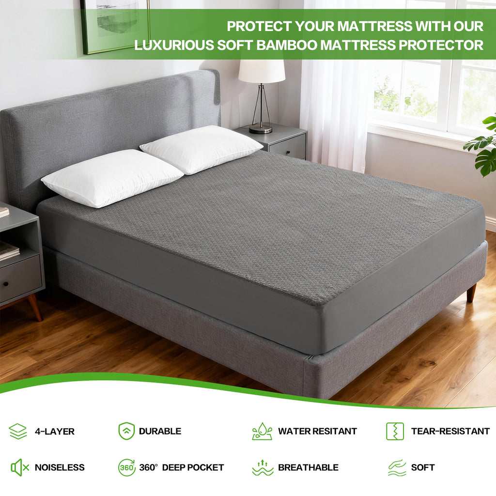 EMONIA 100% Waterproof 4 Layer Mattress Protector, Quilted Fitted Mattress Pad Cover, Durable, Breathable & Noiseless, Soft and Comfortable with 8''-21'' Deep Pocket(Dark Gray)