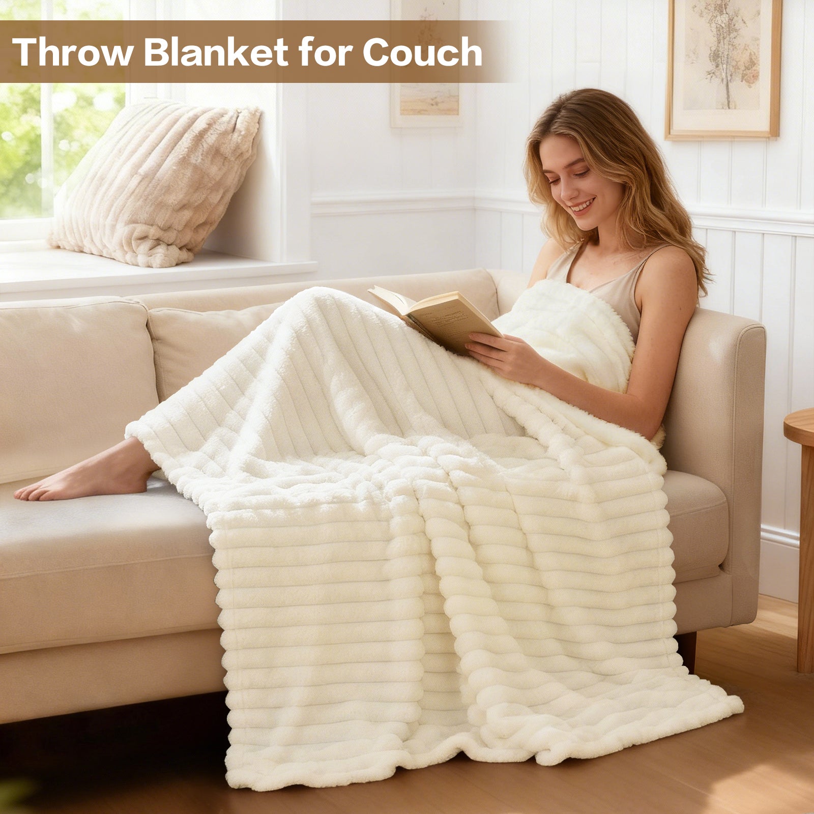EMONIA White Fleece Throw Blanket for Couch, 320GSM Super Soft Cozy Blankets and Throws, Decorative Fleece Blankets for Women Men Gifts, Throws with Stripes for Sofa Bed Decor
