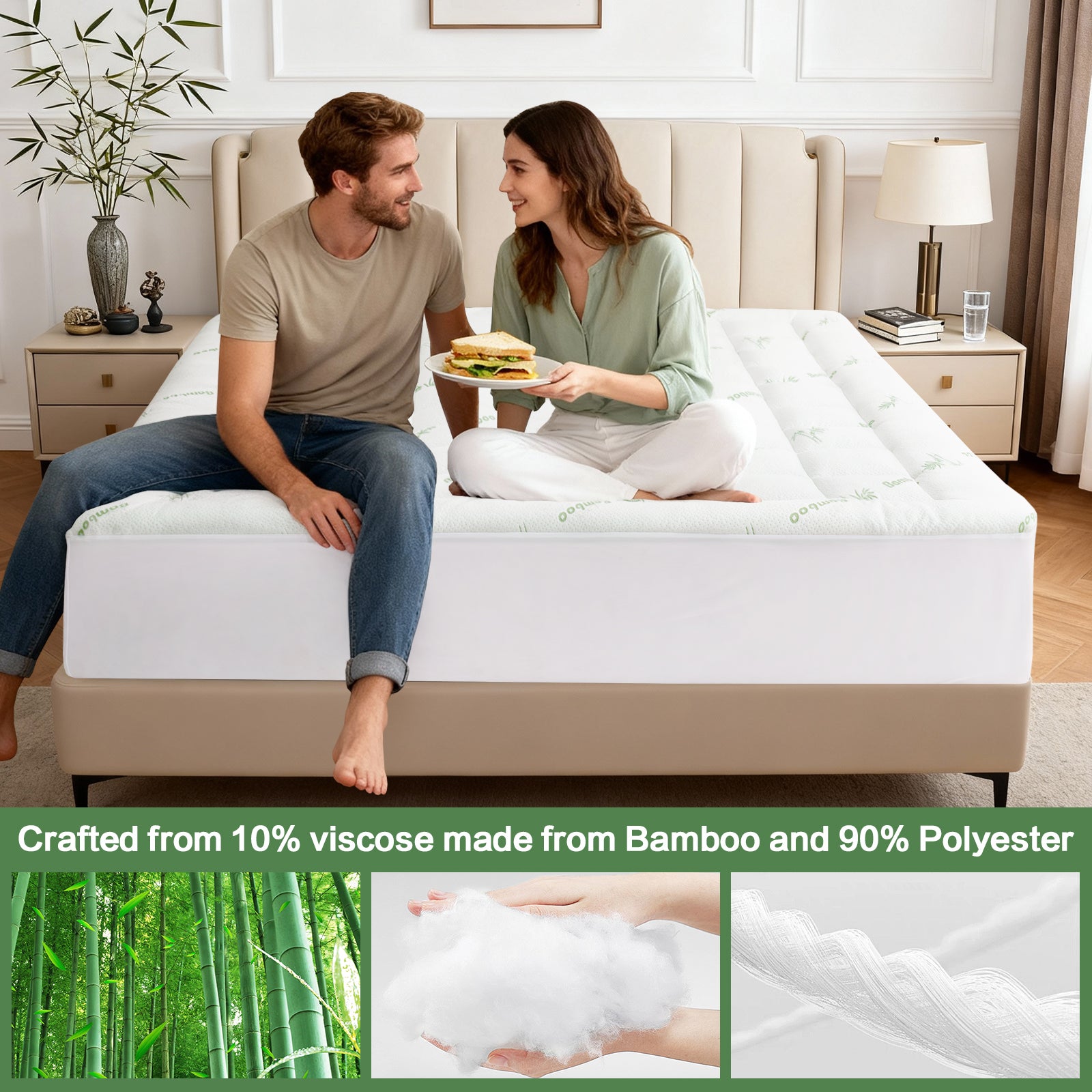 EMONIA Mattress Pad Pillow Top Mattress Cover Breathable Soft Viscose Made from Bamboo Mattress Protector Deep Pocket Fits 8-21 Inches