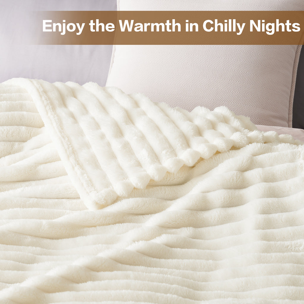 EMONIA White Fleece Throw Blanket for Couch, 320GSM Super Soft Cozy Blankets and Throws, Decorative Fleece Blankets for Women Men Gifts, Throws with Stripes for Sofa Bed Decor