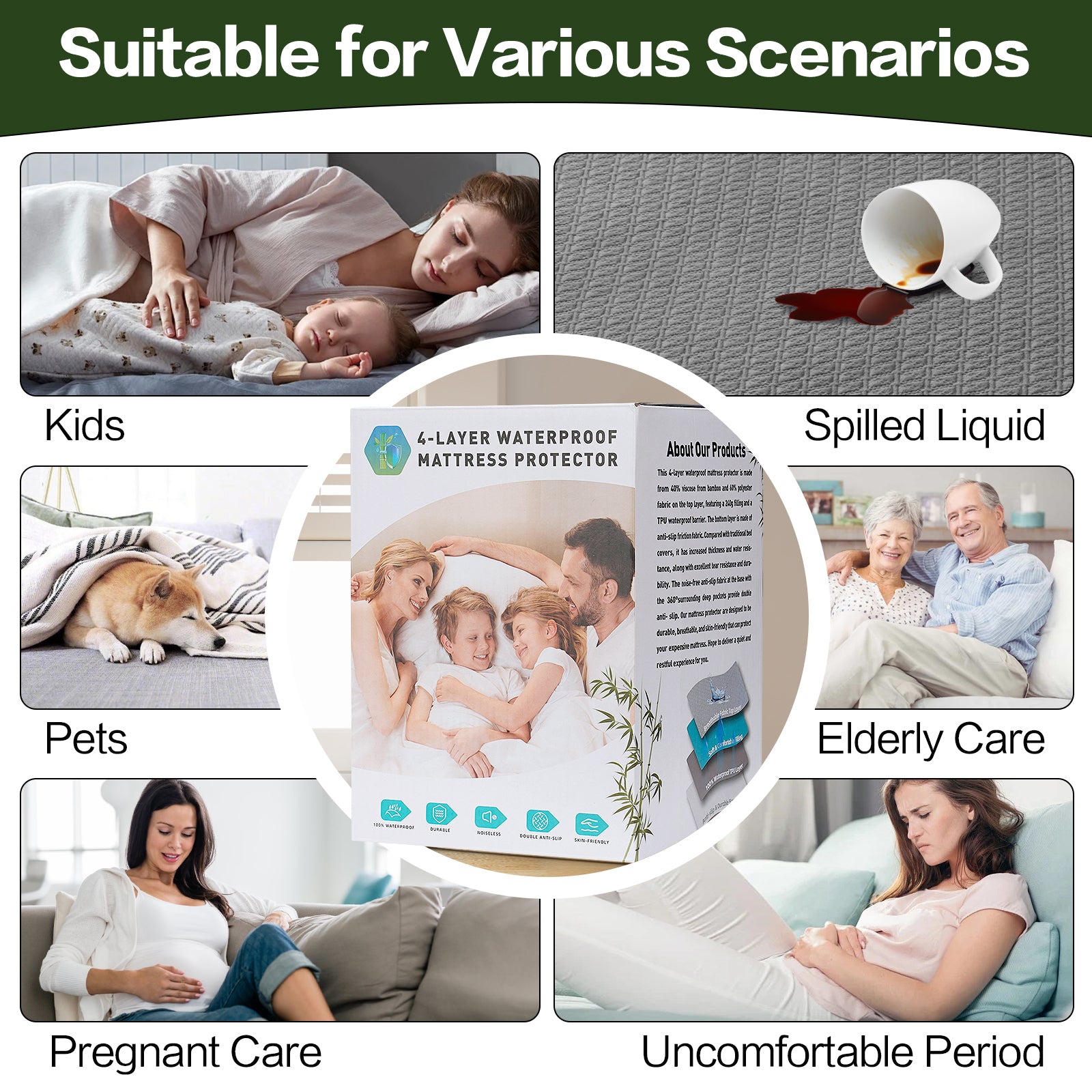 EMONIA 100% Waterproof 4 Layer Mattress Protector, Quilted Fitted Mattress Pad Cover, Durable, Breathable & Noiseless, Soft and Comfortable with 8''-21'' Deep Pocket(Dark Gray)