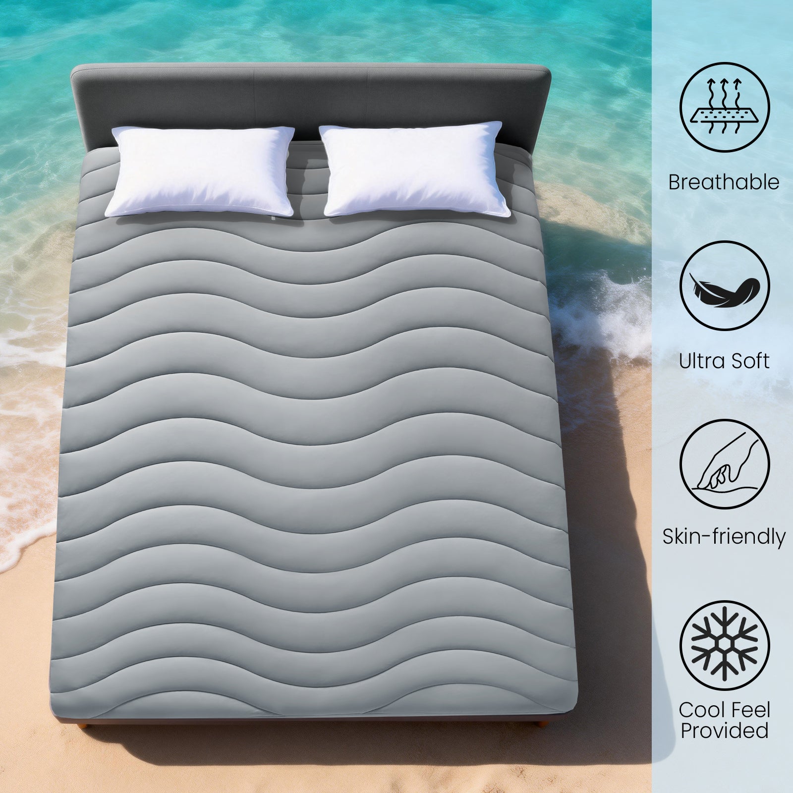 EMONIA Queen Cooling Mattress Pad,Pillow Top Mattress Cover ,Washable Mattress Topper, Breathable Soft Mattress Protector Made from Nylon-spandex Deep Pocket Fits 18 inches，Light Gray